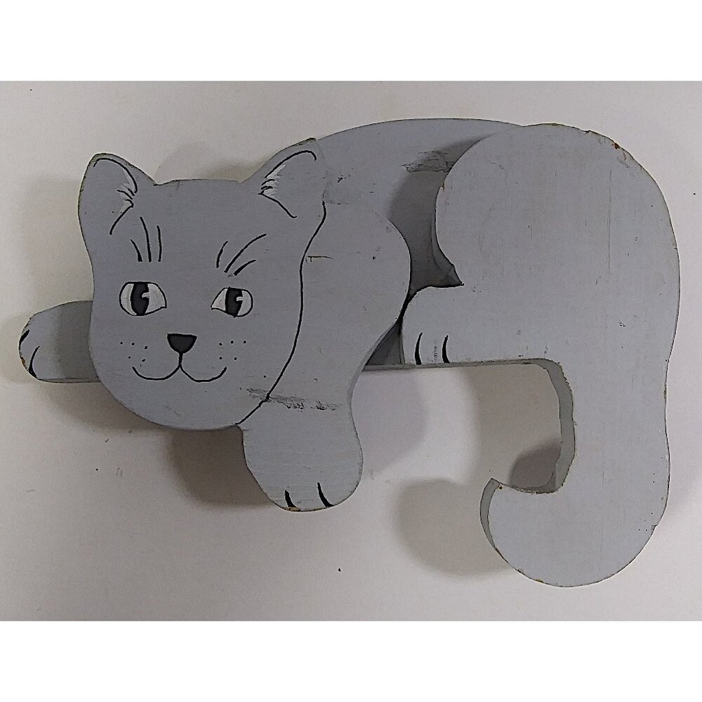 Vintage Wood Cat Figurine 8in Cut Out Blue 3D Shelf Sitter Kitten Figure Rare
